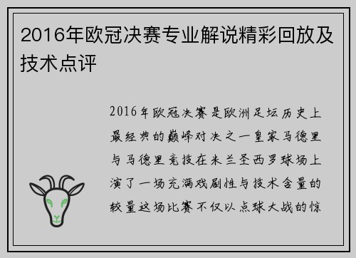 2016年欧冠决赛专业解说精彩回放及技术点评