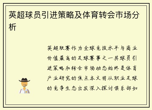 英超球员引进策略及体育转会市场分析